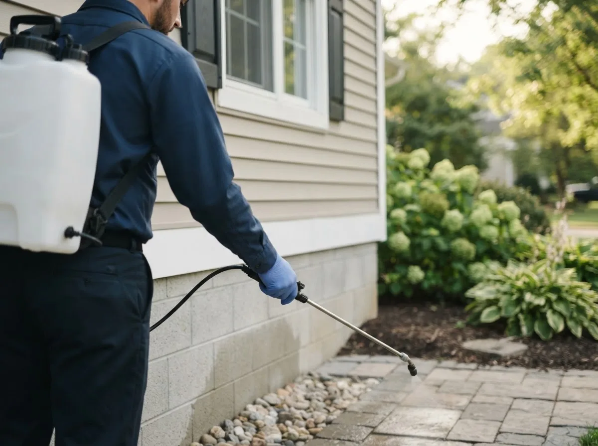 Pest control technician inspecting a home in Alma, NY